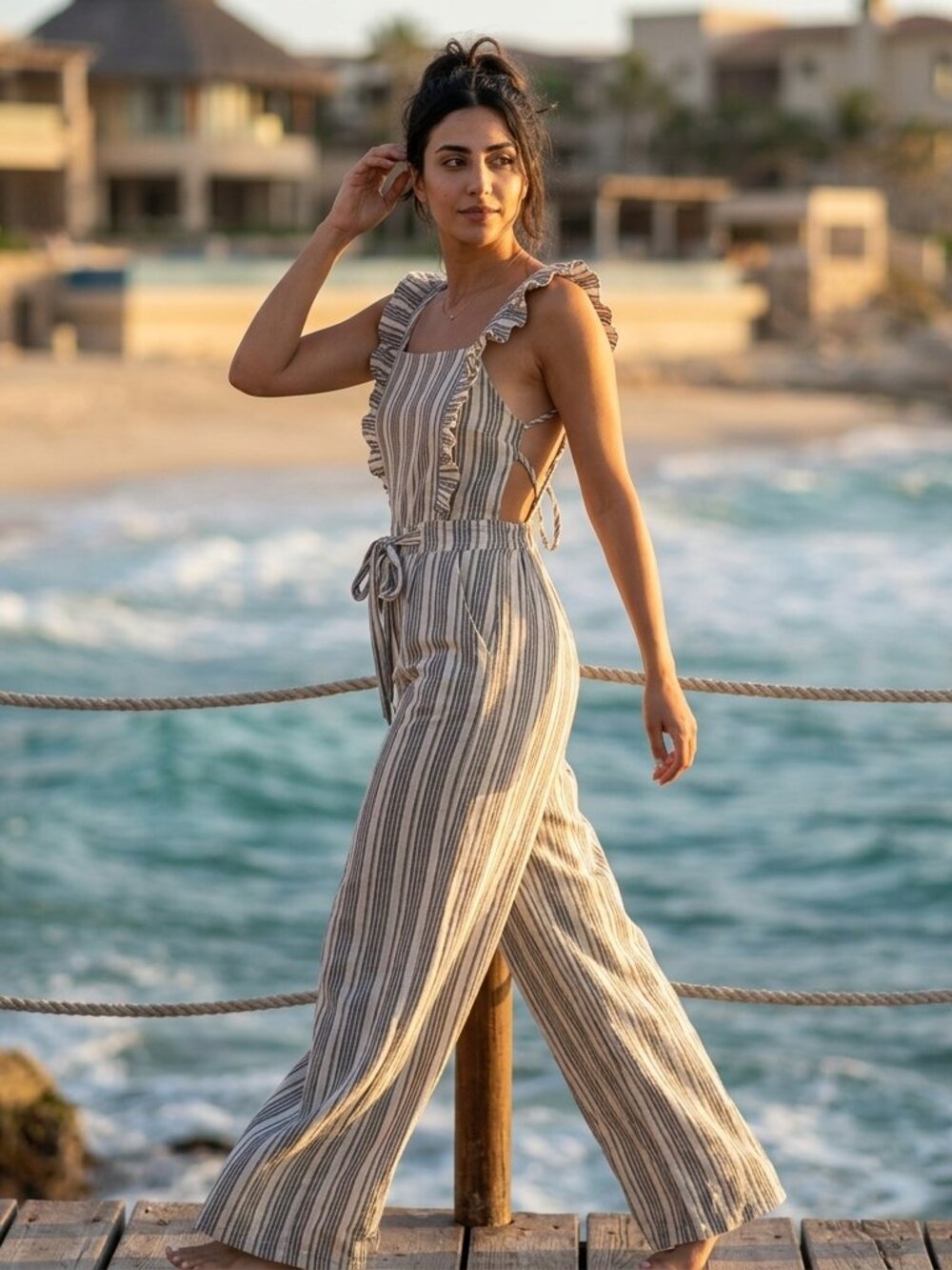 To The Sea Hawaii Striped Hemp Cotton Ruffle Lace-Up Wide Leg Jumpsuit Size Free